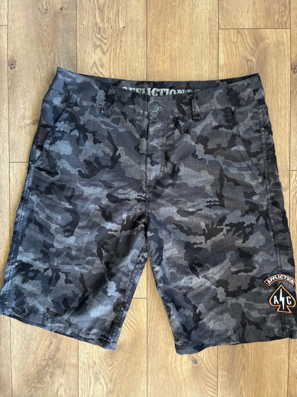 Affliction Black Gray Camo Cargo Shorts